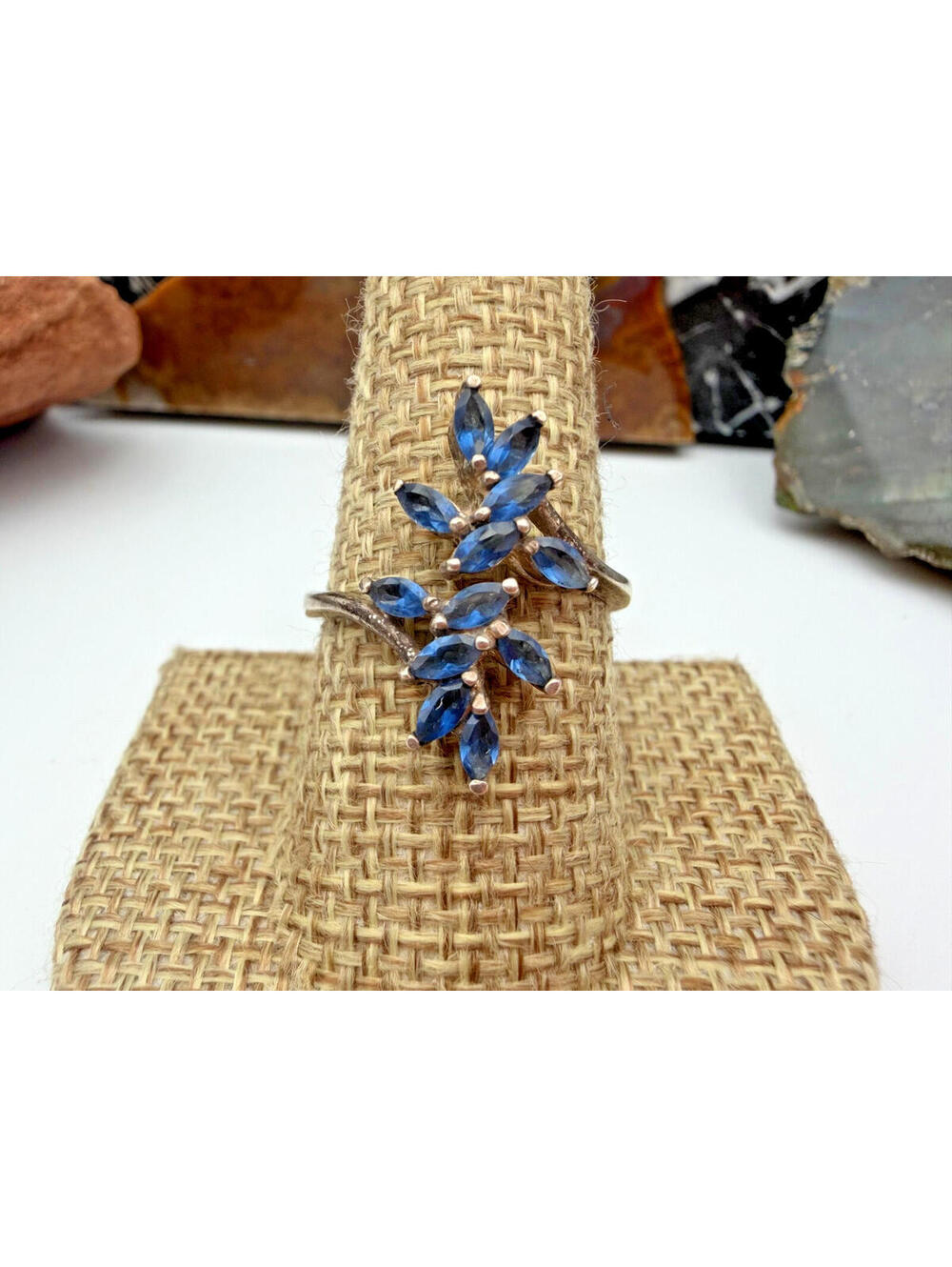 Sterling Silver Marquise Cut Blue Sapphire Blue Crystal Stones Stamped 925 Ring